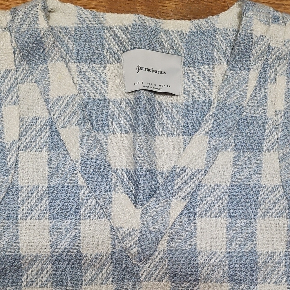 Stradivarius Blue and White Plaid V-Neck Top